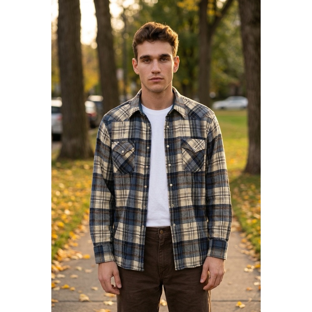Pendleton High Grade Western Wear Wool Flannel Shirt XL Blue Plaid Pearl Snap